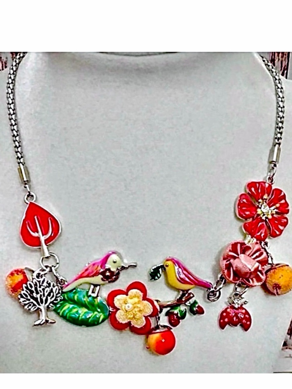 Colorful Spring Bird & Floral Necklace